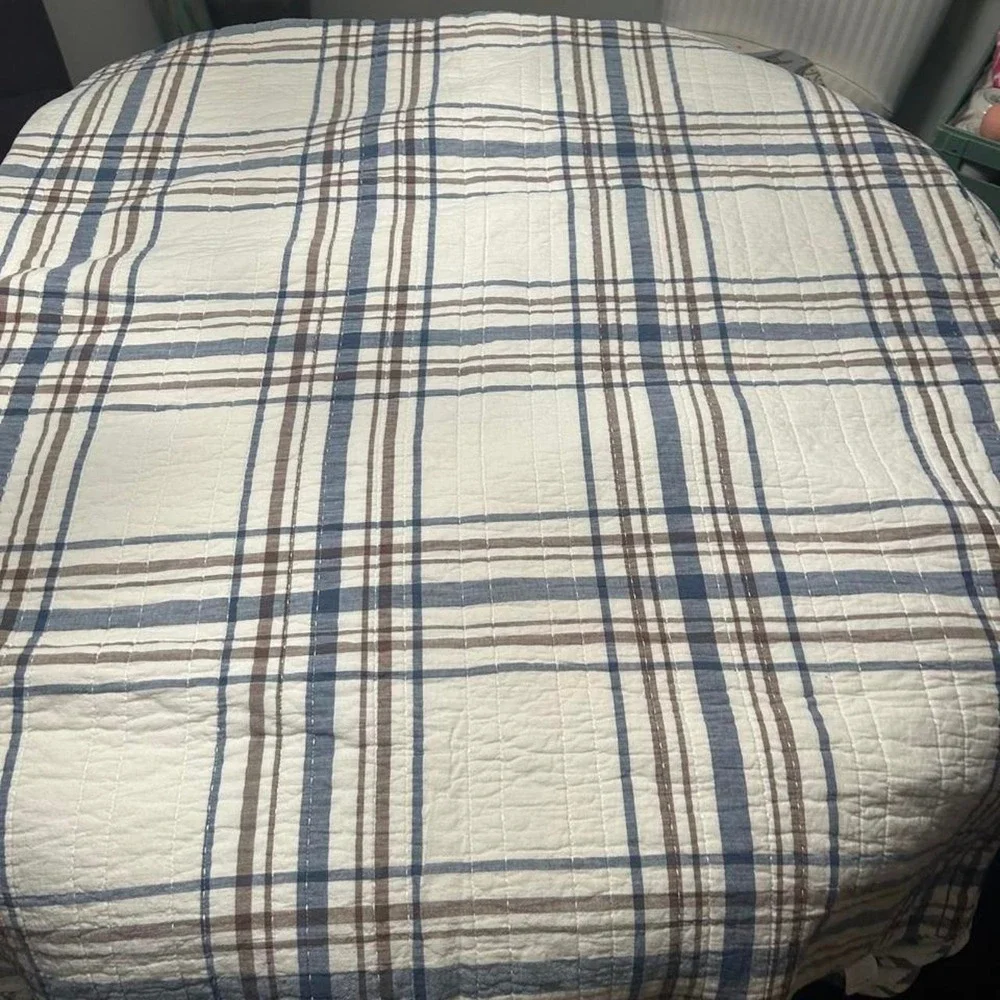 White Blue Plaid Quilt with Brown Stripes Reversible Farmhouse Bedding